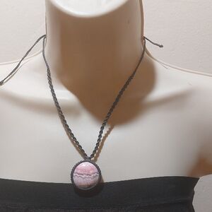 Round Rhodochrosite Semi Precious Gemstone Pendant Macrame Necklace